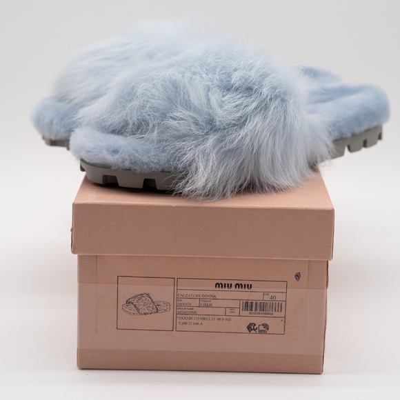 size 40eu 10 US Miu Miu Faux Fur Plush Sandals Slides Blue - Picture 11 of 12